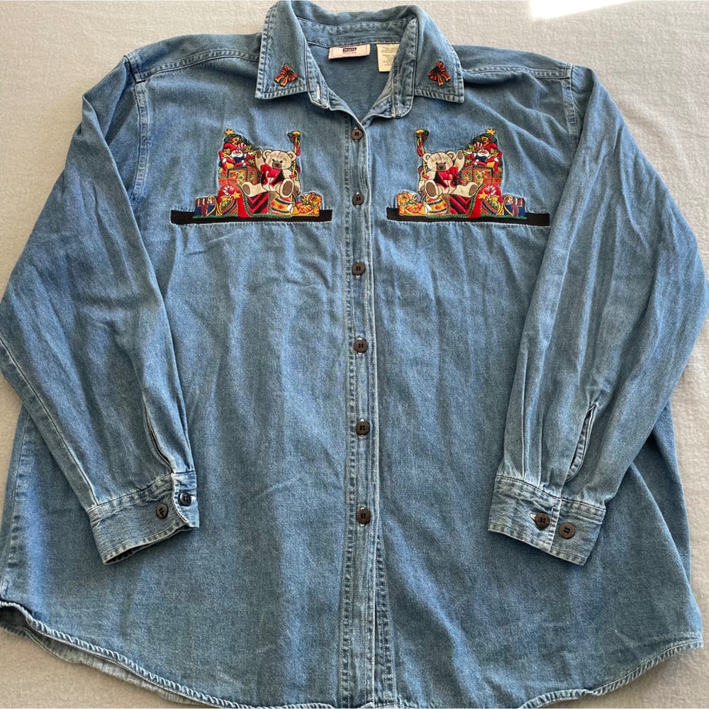 Faded Glory Vintage Christmas Teddy Bear Denim Shirt Blue Cotton Womens 18W/20W